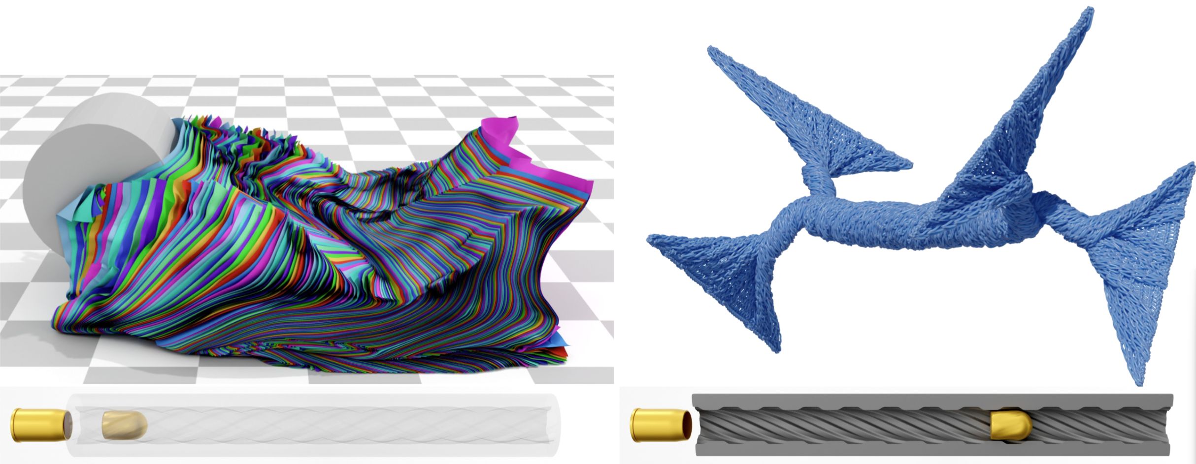 Divide and Truncate teaser: stacked cloth on a cylinder, a twisted yarn-level structure, and projectiles inside a tube and a braided cable